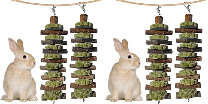 kathson 2PCS Bunny Chew Toys for Teeth Grinding, Chinchilla Treats Organic Bamboo Sticks Natural Fruitwood Branches for Rabbits Guinea Pigs Hamsters (Fruitwood Sticks+Alfalfa Cakes) (Pack of 2)