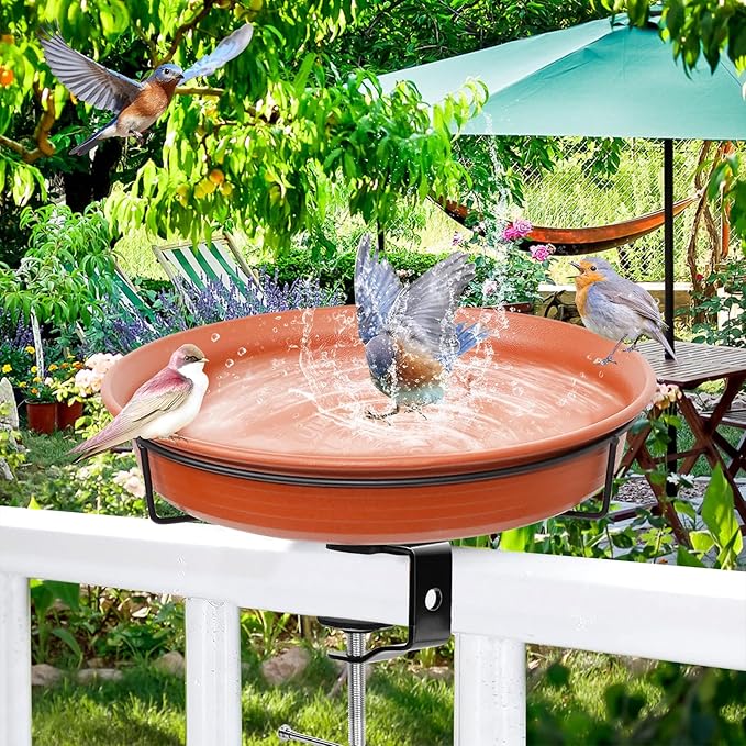 AUHOKY Deck Mounted Bird Bath Bowl Spa for Outside, Detachable Unheated Birdbath Bowl & Heavy Duty Sturdy Clamp, Outdoor Garden Mounted Birdfeeder for Attracting Birds(Brown)