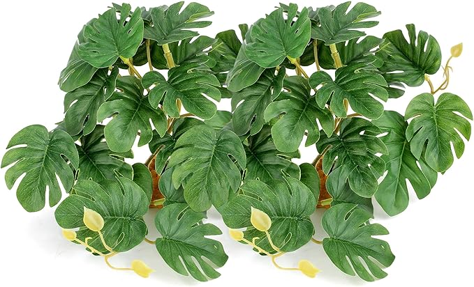 2Pcs Reptile Plants for Terrarium, Amphibian Habitat Decor Plant, Snake Tank Accessories, Artificial Plants for Gecko Lizard Chameleon Tortoise with Base - Fake Monstera