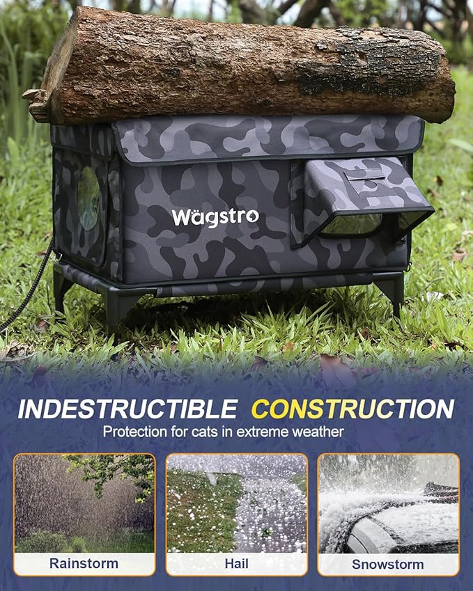 Heated Cat House for Outside, Insulated Weatherproof Heated Outdoor Cat House with Waterproof Eaves & Escape Door, Elevated Outdoor Cat Shelter for Feral Stray Cat (Black Camo, 16.5"x13"x16.9")