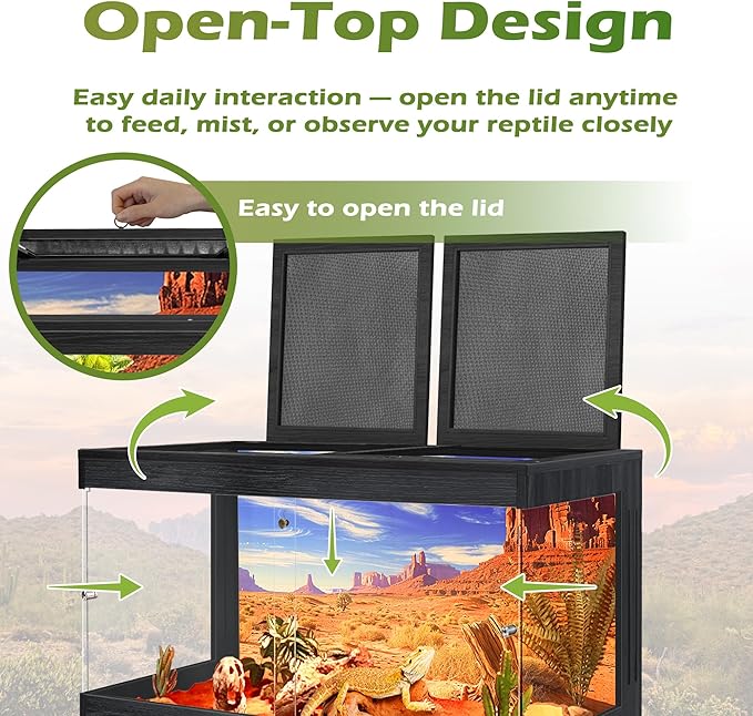 ROYXEN Bearded Dragon Tank with Leg Stand,Tempered Glass Reptile Tank with Metal Mesh Top, 3-Side Clear Anti-Scratch Glass Lizard Tank,Snake Tank for Reptile Habitat
