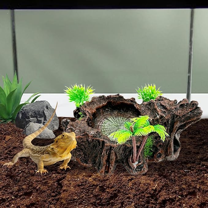 PINVNBY Reptile Water Dish, Bearded Dragon Water Bowl, Resin Reptile Platform with Artificial Plants Food Water Dish Bowl for Bearded Dragon, Crested Gecko, Hermit Crab, Snake (Smooth)