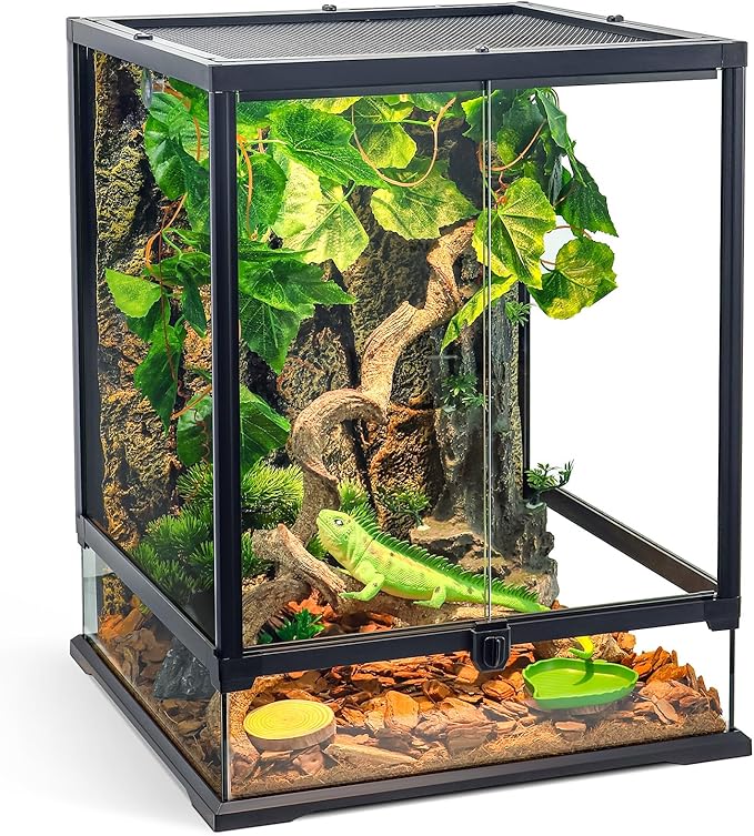 Full Glass Panoramic Vivarium for Crested Gecko Tank, Snake Enclosure, Reptile Cage with Front Door, Enhanced Ventilation & Concealed Wiring Holes 18" W x 18" x L24 H