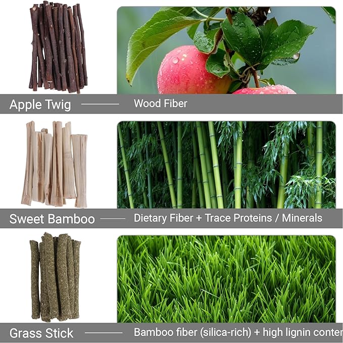 300g Rabbit Chew Toys,Apple Wood Sticks with Sweet Bamboo,Grass Rolls for Guinea Pigs Teeth Care Hamster Hedgehog (0.66lb)