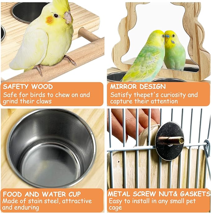 Tfwadmx Bird Parrot Wooden Feeding Cups Small Bird Feeding Dish Cups Stainless Steel Birds Bowls Food Water Bowls with Food Holder for Cockatiel Parakeet Macaw Finches Lovebirds