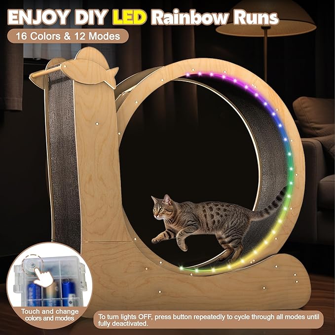 Cat Wheel,LED Cat Wheels for Indoor Cats Fitness,DIY Rainbow Runs,Solid Wood Exercise Wheel Running Treadmill with Color-Changing Light Strips,Scratch Pad and Brake