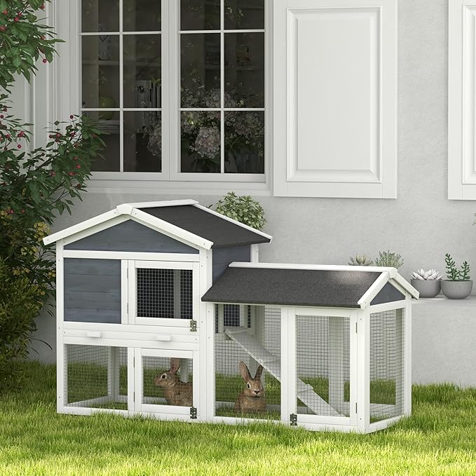 PawHut 58" Large Rabbit Hutch Outdoor Indoor, Wooden Bunny Hutch, Guinea Pig Cage with Run, Removable Tray, Asphalt Roof, Lockable Doors and Ramp, for 1-2 Small Rabbits, Gray