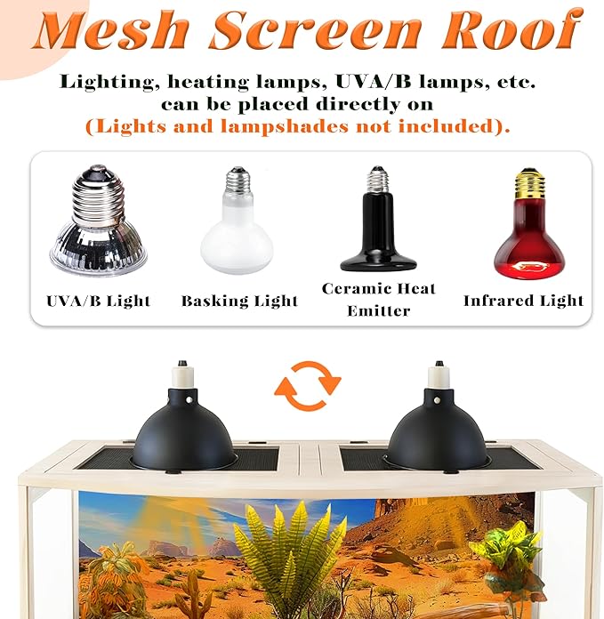 PROLEE Bearded Dragon Tank, Curved Reptile Enclosure with 3-Side Clear Acrylic Panels, Spacious Lizard Tank with Metal Mesh Top and Lockable Door for Reptile Habitat (Oak, 32" Length,34 Gallons)