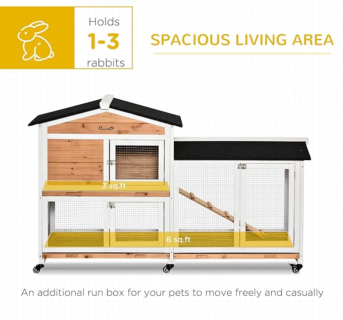 PawHut 62" Rabbit Hutch, Wooden Bunny Hutch, Guinea Pig Cage, Small Animal Enclosure with Wheels, Run Area, Removable Tray, Asphalt Roof, Lockable Doors and Ramp, for Rabbits, Chickens, Ducks, Nature