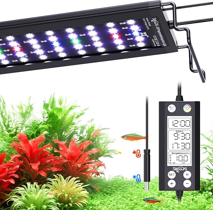 SEAOURA LED Aquarium Light, 12-18in Full Spectrum Lights for Fish Tank with Thermometer, 24/7 Programmable with Power Off Memory, WRGB Custom, 20 Level Brightness for Freshwater Aquariums