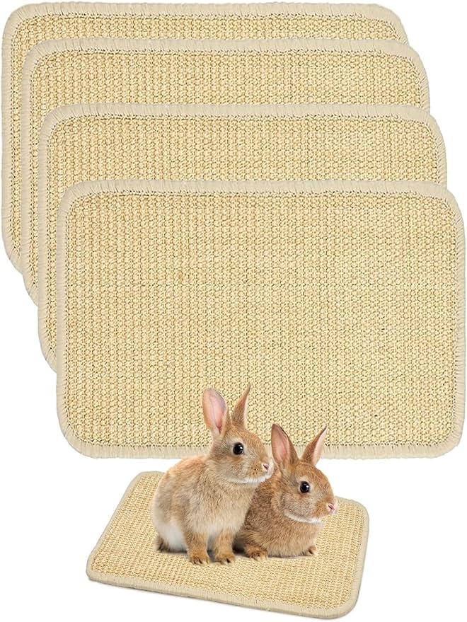Rabbit Scratcher Mat 4 Pack Natural Sisal Bunny Scratching Mats, Small Animal Scratch Pad Rug for Indoor Grinding Claw Pad for Guinea Pigs Chinchillas (Beige)