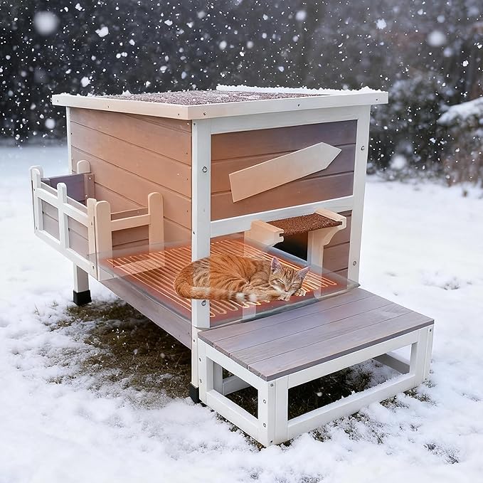 Rockever Heated Cat House for Outside Cats in Winter, Large Heated Cat Houses with Heating Pad, Wooden Outside Cat Shelter Weatherproof with Escape Door