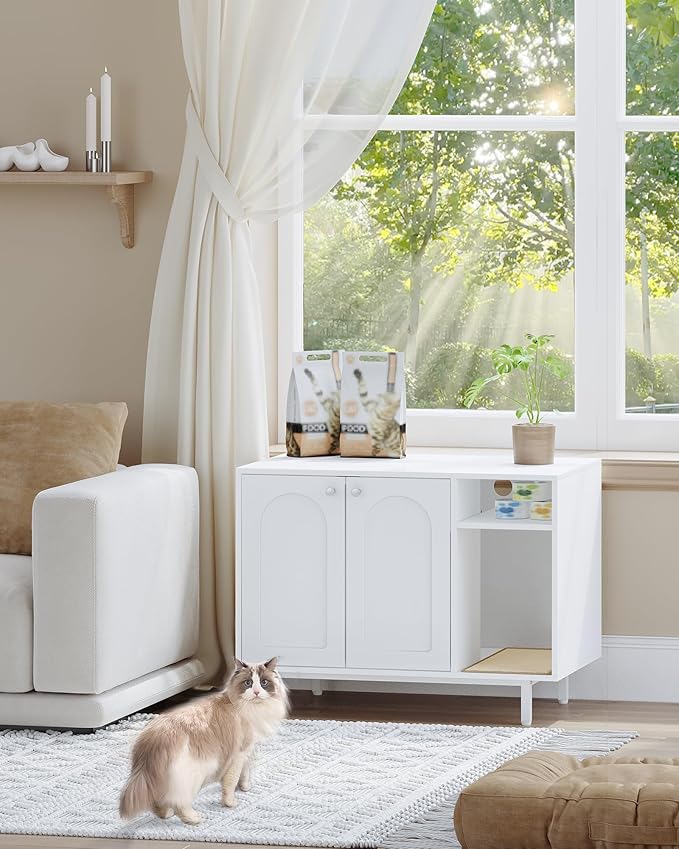 Cat Litter Box Enclosure Enclosed, Hidden Litter Box Cabinet Furniture with Storage, Wooden Indoor Cat House Large, Modern End Table for Living Room Entryway, White CB01513W