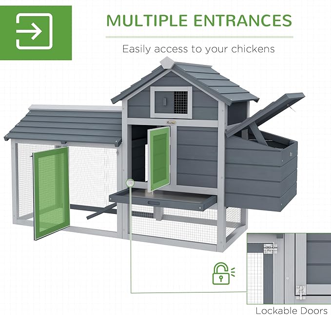 PawHut 59" Small Wooden Chicken coop Hen House Poultry Cage for Outdoor Backyard with 2 Doors, Nesting Box and Removable Tray, Gray