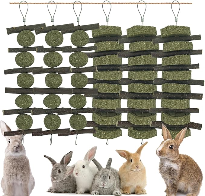 Rabbits Bunny Chew Toys Treats Natural Wood Timothy Hay Grass Cakes Balls Chew Toys Treats for Hamster Chinchilla Guinea Pigs 6pcs