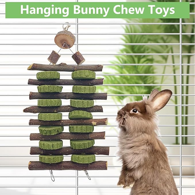 Hamiledyi 2 PCS Rabbit Chew Toys Hanging Bunny Toys for Teeth Grinding Natural Apple Wood Sticks and Timothy Grass Cake Improve Small Animals Dental Health Treats for Guinea Pig Hamster Chinchilla