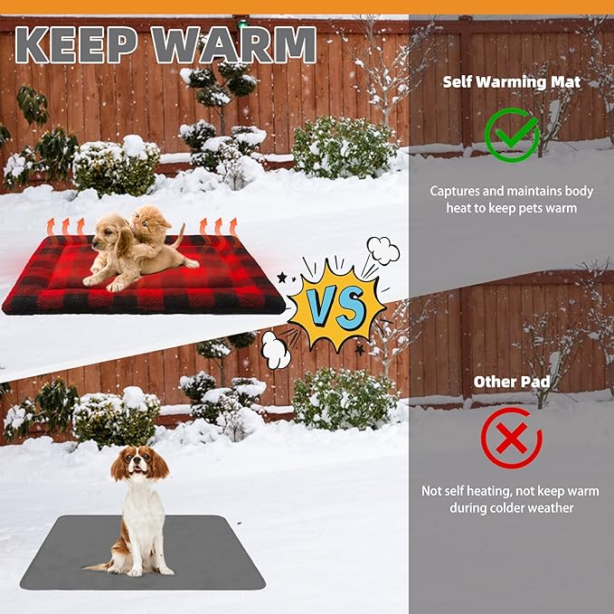 KOOLTAIL Self Warming Cat Bed, Christmas Plaid Pet Heated Pad for Indoor Outdoor Cats, Soft Thermal Double Used Warm Dog Mat, Washable Kitten Puppy House Blanket for Floor, Window Perch, Desk, Red