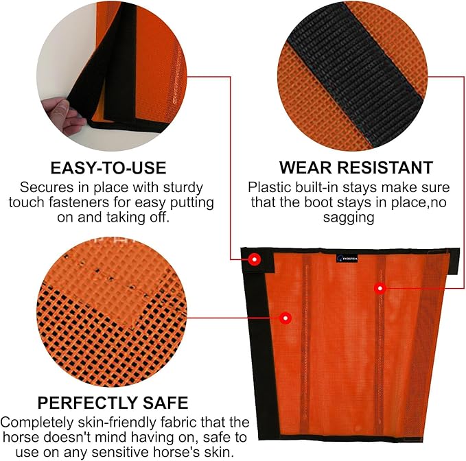 FOXLVDA Horse Fly Boots - Fly Boots for Horses Set of 4, Comfortable Horse Leggings, Mesh Material Design with Metal Support Bars for Reduces Stomping & Leg Fatigue (Orange, Large)