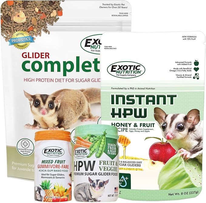Sugar Glider Superior Food Starter Package - Nutritionally Complete Pellet Diet & High Protein Supplemental Food for Sugar Gliders… (4 Piece Set)