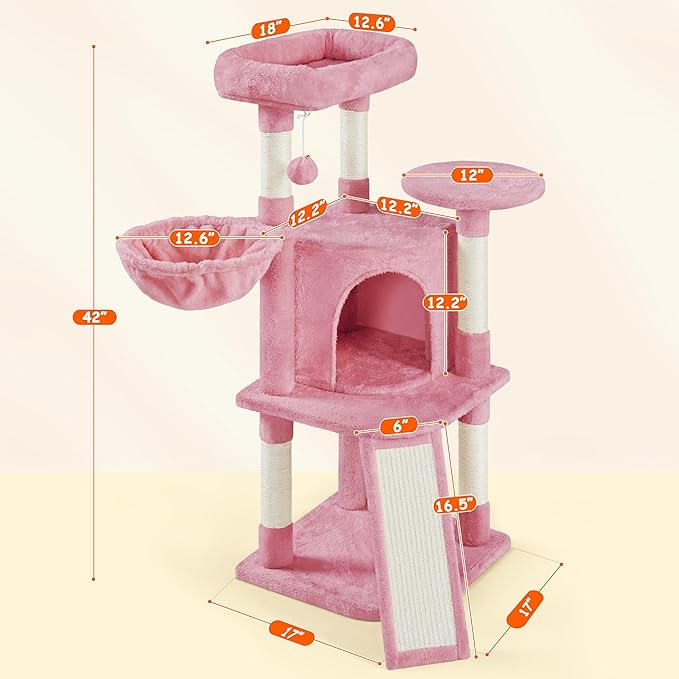 Yaheetech Cat Tree, 42in Play Tower for Indoor Cats, Kitten House with Large Perch & Scratching Posts & Cozy Condo & Scratching Ramp, Cat Furniture Activity Center, Pink