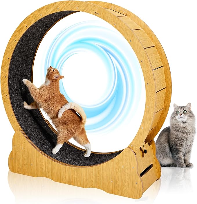 Outvita Cat Exercise Wheel for Quiet Running Indoor Use, 43.3" Cat Treadmill with Detachable Carpet, Cats Exerciser Helps Cats to Lose Weight and Keep Health, Easy to Install (Natural Wood)