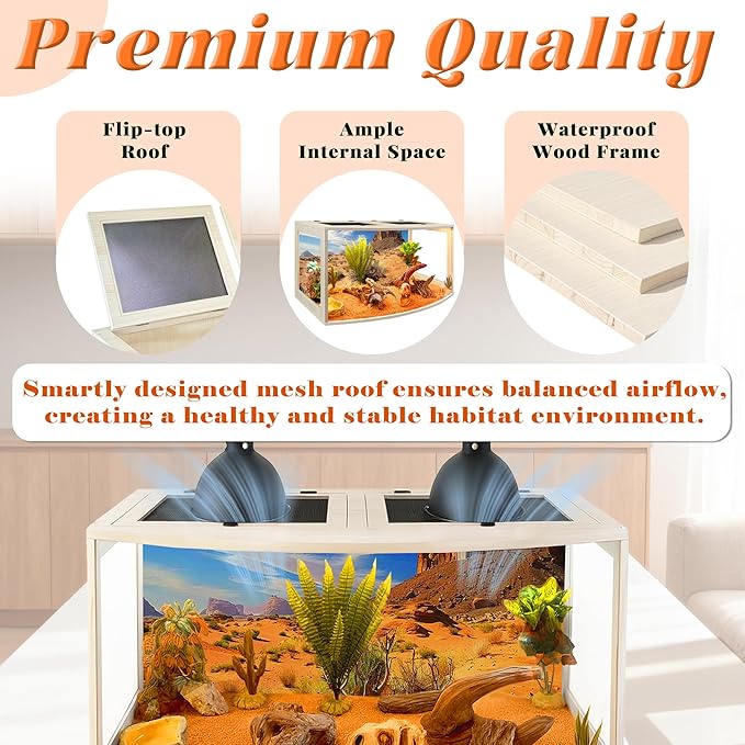 PROLEE Bearded Dragon Tank, Curved Reptile Enclosure with 3-Side Clear Acrylic Panels, Spacious Lizard Tank with Metal Mesh Top and Lockable Door for Reptile Habitat