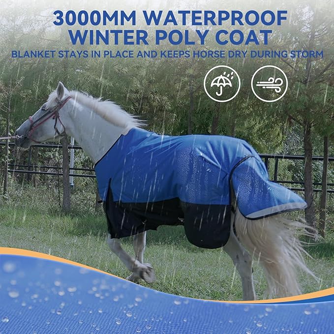 48” Winter Horse Blanket, 1200D Waterproof Poly Horse Turnout Blanket, Durable Tear-Resistant Thick Horse Blanket with Snuggit 220G Filling, Breathable Warmth Turnout Blankets for Horse