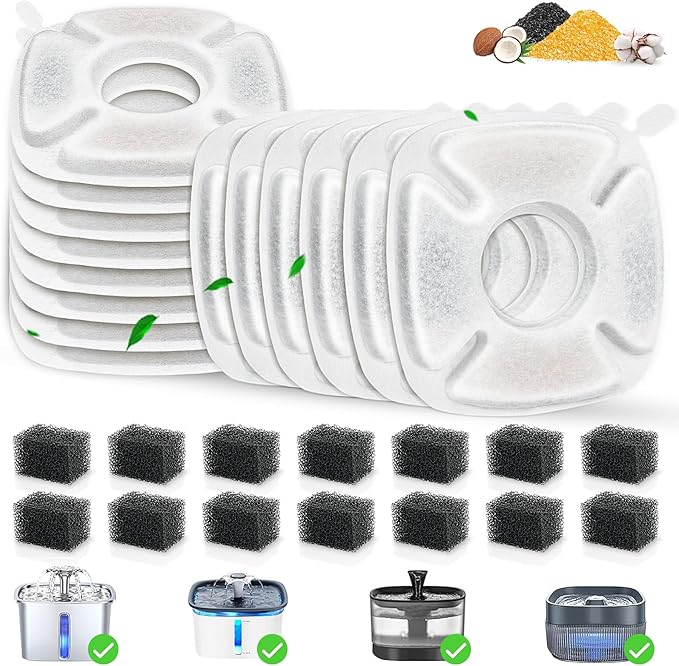 28 Pack Pet Water Fountain Filters, 14 Pcs Replacement Cat Filters & 14 Pcs Pre-Filter Sponges for 95oz/2.8L 135oz/4L 67oz/2L Automatic Pet Cats Dog Water Fountain Dispenser