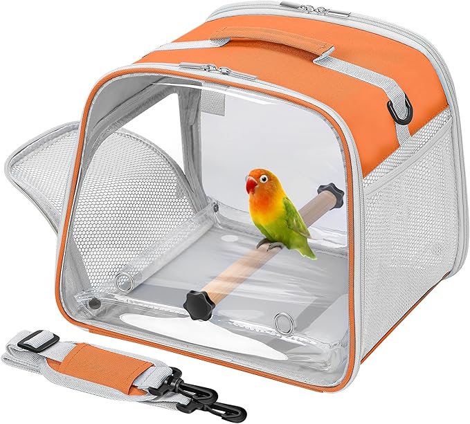 Suertree Small Bird Carrier, Large Window Travel Cage with Stand and Easy Clean Tray for Parrot Parakeet Cockatiels, Lightweight and Portable, Orange H