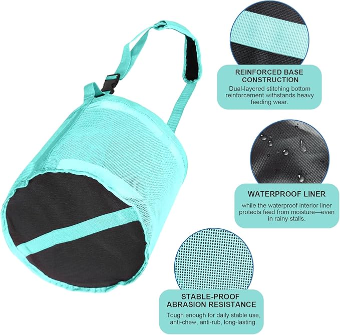 Heavy Duty Durable Waterproof Horse Feed Bag with Adjustable Strap - Mesh Grain Design, Comfort Neck Pad & Nose Pad Mint Green