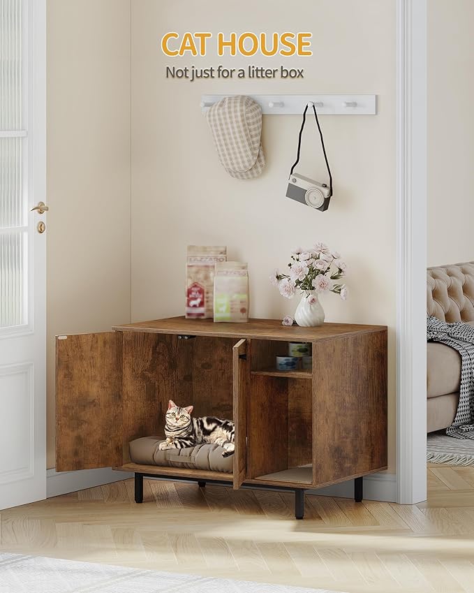Cat Litter Box Enclosure Enclosed, Hidden Litter Box Cabinet Furniture with Storage, Wooden Indoor Cat House Large, Modern End Table for Living Room Entryway, Rustic Brown and Black CB01501B