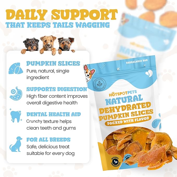 hotspot pets Dehydrated Natural Pumpkin Slices for Dogs- Crunchy Treats- 2lb Value Bag, All-Natural - High Protein, Great for Sensitive Stomachs, Low Fat, A Healthy Rawhide Alternative for All Dogs
