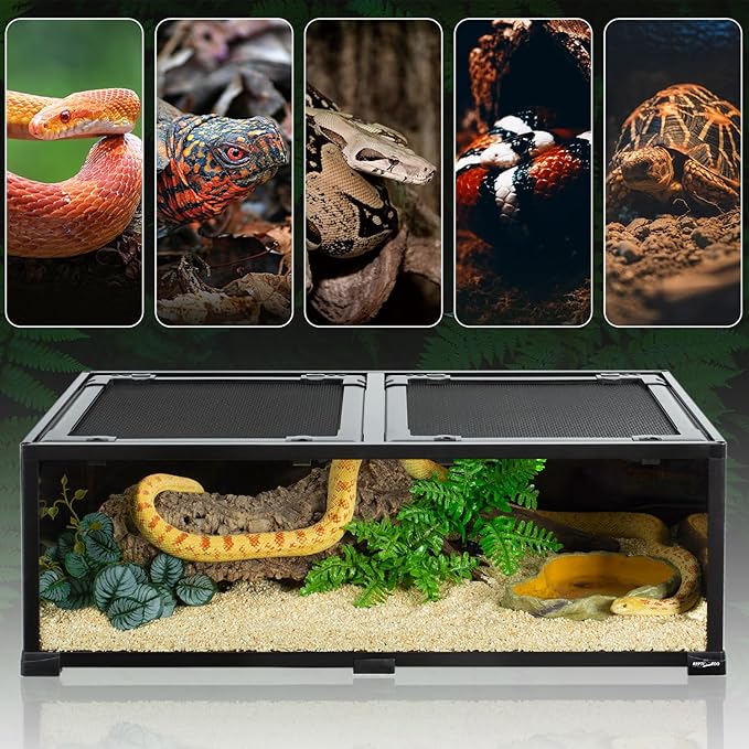 REPTIZOO 34 Gallon Glass Reptile Terrarium, 36" x 18"x 12" Wide & Low Reptile Tank Snake Terrarium with Double Top Cover Well Ventilation Terrarium for Scorpions, Spiders, Geckos, Snakes, Tortoises