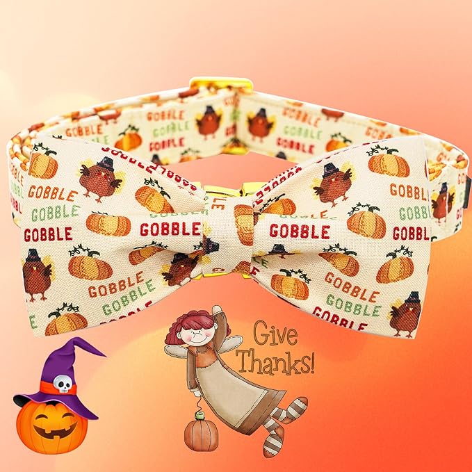 Dog Collar, Thanksgiving Turkey Pet Collar Bow Holiday Girl Boy Bow Puppy Collar Adjustable for X-Large Dogs