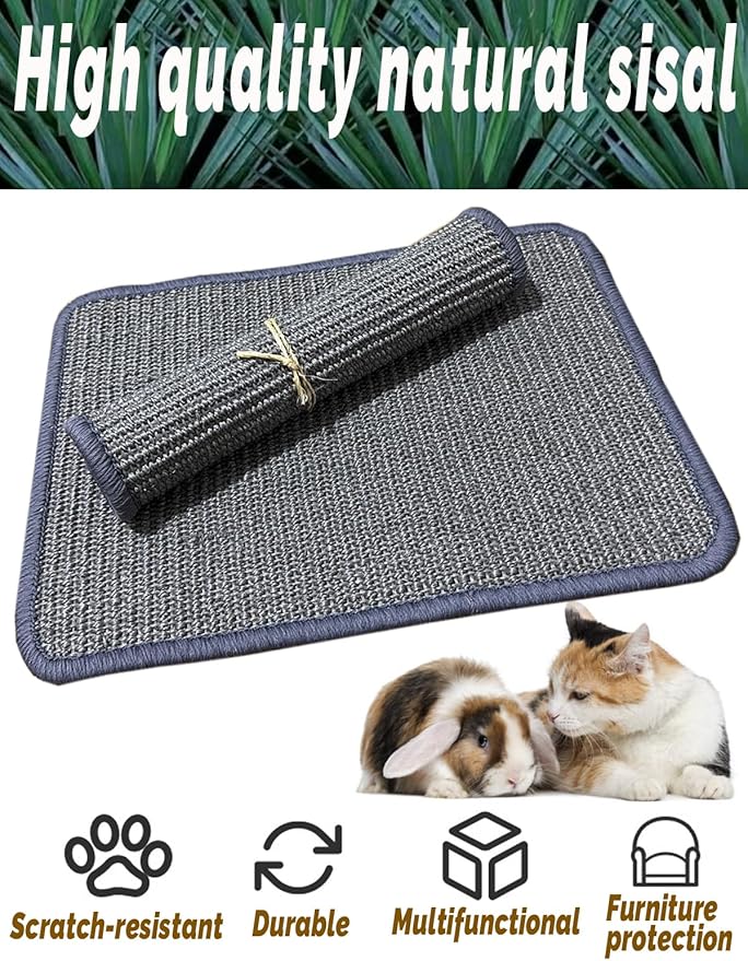 Rabbit Scratching Pad 4 Pack Natural Sisal Bunny Scratcher Mat Bunny Scratch Foot Pad Small Animal Grinding Claw Pad Rug for Guinea Pigs Chinchillas (Gray)