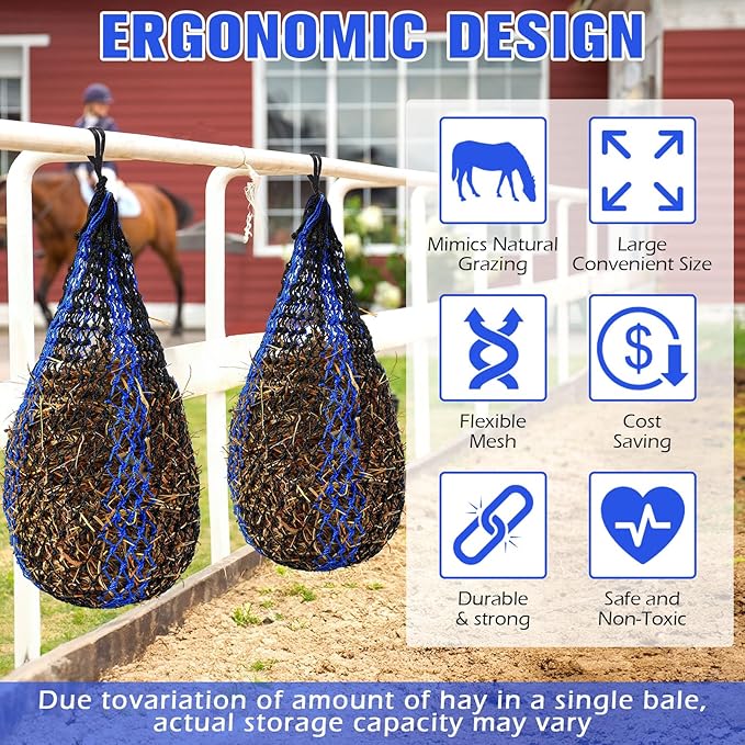 2 Pcs Slow Feed Hay Bag 36 Inch Ultra Slow Hay Feeders 1.5 x 1.5 Inch Holes Hay Nets for Horses Goat Livestock Horse Supplies, Black and Blue