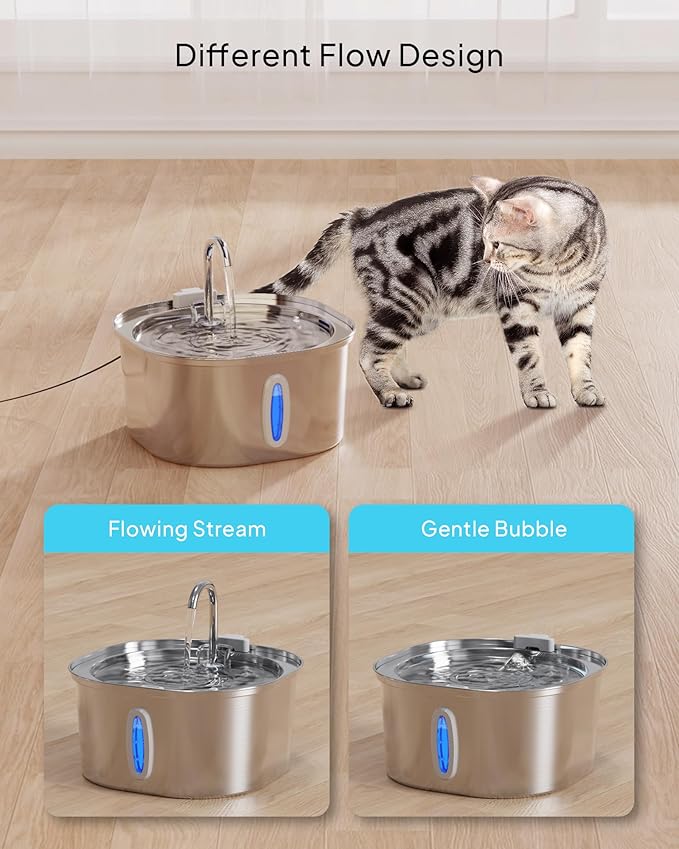 PEKTACO Stainless Steel Cat Water Fountain, 3.2L/108oz Cat Water Dispenser with Quiet Water Pump and Water-Level Window, Dishwasher Safe Pet Drinking Fountain for Cats with 6 Filters + 6 Sponges
