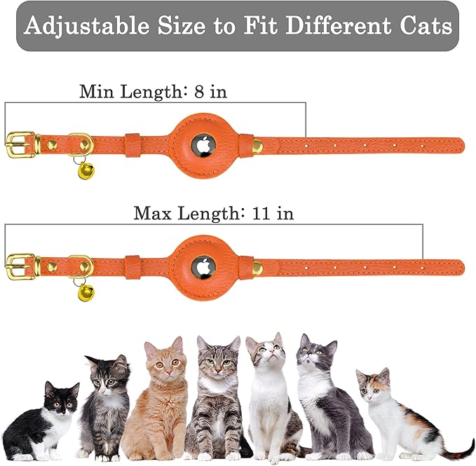 OOPSDOGGY Leather AirTag Cat Collar with Bell - Non Breakaway Kitten Collar with Apple Air Tag Holder - Lightweight GPS Pet Collars for Girl Boy Cats, Small Dogs, Puppies (Orange)