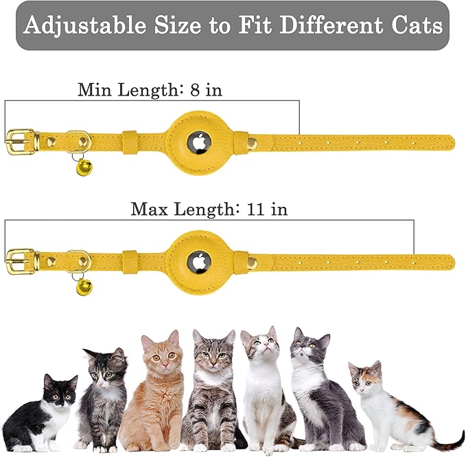 OOPSDOGGY Leather AirTag Cat Collar with Bell - Non Breakaway Kitten Collar with Apple Air Tag Holder - Lightweight GPS Pet Collars for Girl Boy Cats, Small Dogs, Puppies (Yellow)