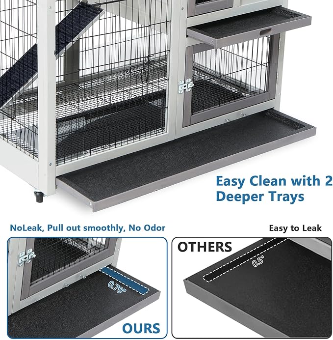 Rabbit Hutch Indoor Outdoor Bunny Cage with Urine Guards 2 Storey Mobile Guinea Pig Cage Weatherproof Asphalt Roof Wire Bottom 2 Trays
