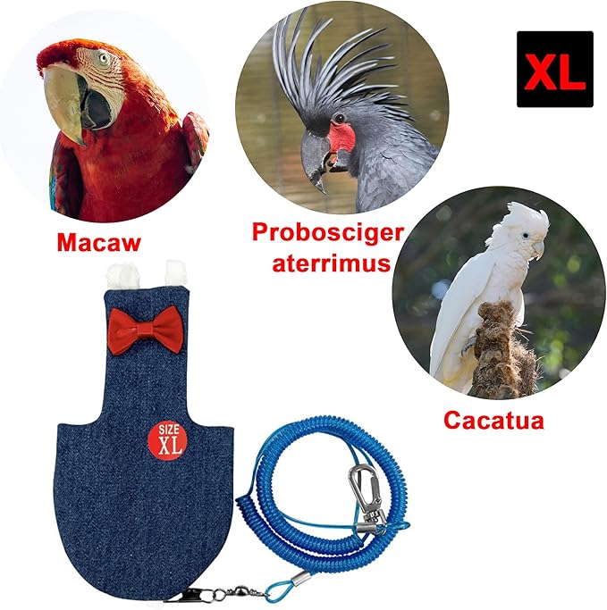 Parrot Clothes - Diaper Bird Flight Suit with Adjustable Straps and Training Rope (1PCS, Denim Blue, XL-Code)