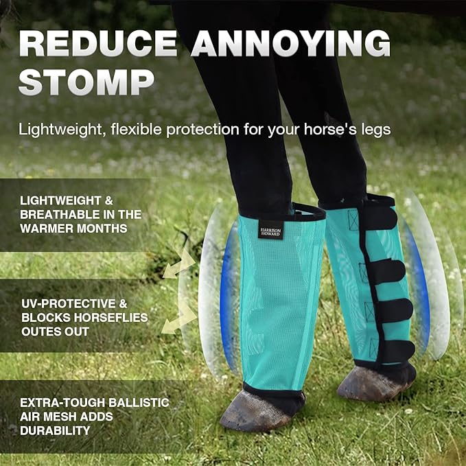 Harrison Howard Loose Fitting Fly Boots UV-Protective Extra Tough Mesh Ventilated Four Fasteners Stay-on Design Protect Horse Legs & Stomp-Reducing Set of 4 Mint Medium
