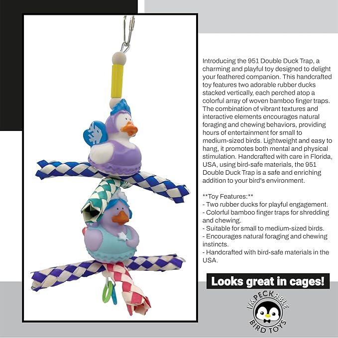 951 Double Duck Trap Bird Toy with Rubber Ducks Bamboo Finger Traps and Plastic Rings – Handcrafted Great for Small to Medium Size Birds