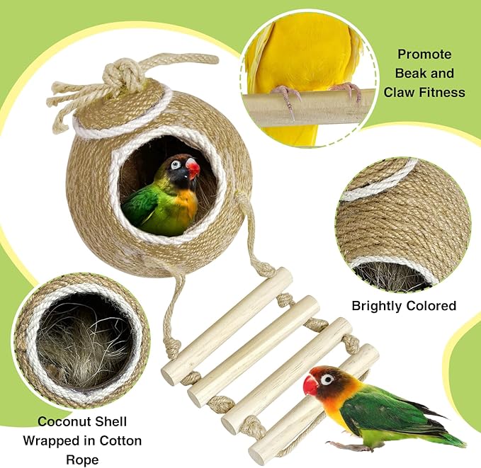 Tfwadmx Coconut Hide with Ladder, Natural Coconut Fiber Hanging Birdhouse Cage, Handmade Sisal Rope & Coconut Bird Shell Breeding Nest for Parrot Parakeet Lovebird Finch Canary (2 Pcs Brown)