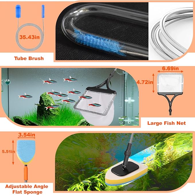 SEAOURA 7-in-1 Aquarium Cleaning Tool, Fish Tank Cleaner with Telescopic Handle,Aquariums Scraper,Adjustable Angle Brush,Gravel Rake,Plant Fork, Flat Sponge,Large Fishes Net,Hose Brushes