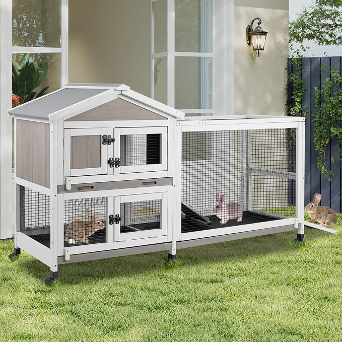 PetsCosset Rabbit Hutch Outdoor Indoor Bunny Hutch with Run 2-Story Large Rabbit Cage on 6 Wheels, 3 Leak Proof Trays, Ramp, Waterproof Roof for Small to Medium Animals, Expandable Design