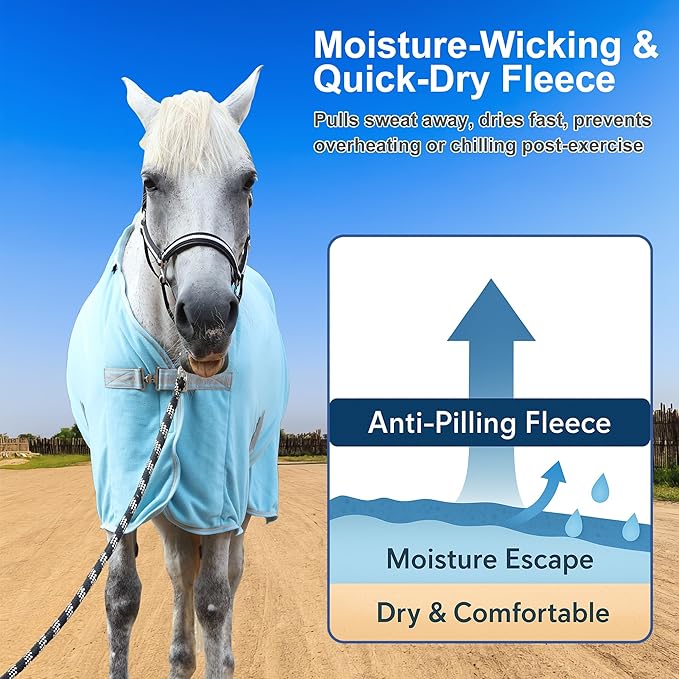Horse Fleece Cooler, Blanket Liner - 300g Anti-Pilling Fleece, Moisture-Wicking, Cooling & Drying for Post-Workout, Bath & Travel, Prevent Overheating & Chilling Lightblue 84