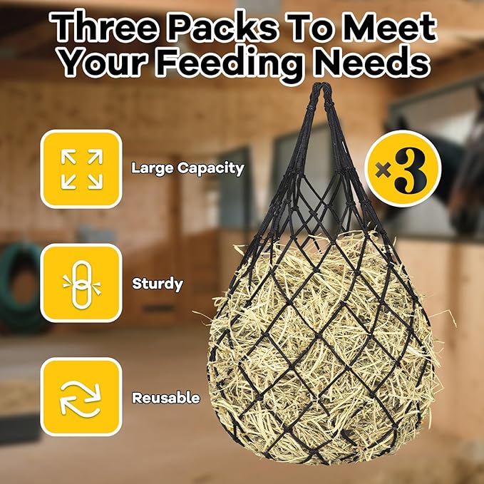 3 Pcs Hay Bags for Horses, Hay Nets for Horses Goat Sheep,Goat Hay Feeder for Slower Feeding,Strong Load-Bearing Hay Bag Hanging for Horse Stable Trailer (Black)