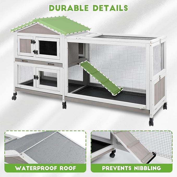 60” Large Rabbit Hutch Outdoor with 6 Wheels, Wooden Expandable 2 Story Indoor Rabbit Cage Bunny House with Run, Waterproof Roof, 3 Pull Out Trays, Guinea Pig Cage for Small to Medium Pets