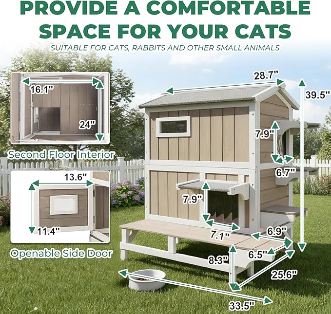 Cat Houses for Outdoor Cats, Wooden Two Story Cat House Weatherproof with 3 Jumping Platforms, 3 Doors, Balcony, Indoor Feral Cat Shelter with Openable Roof for Small Animals, Grey